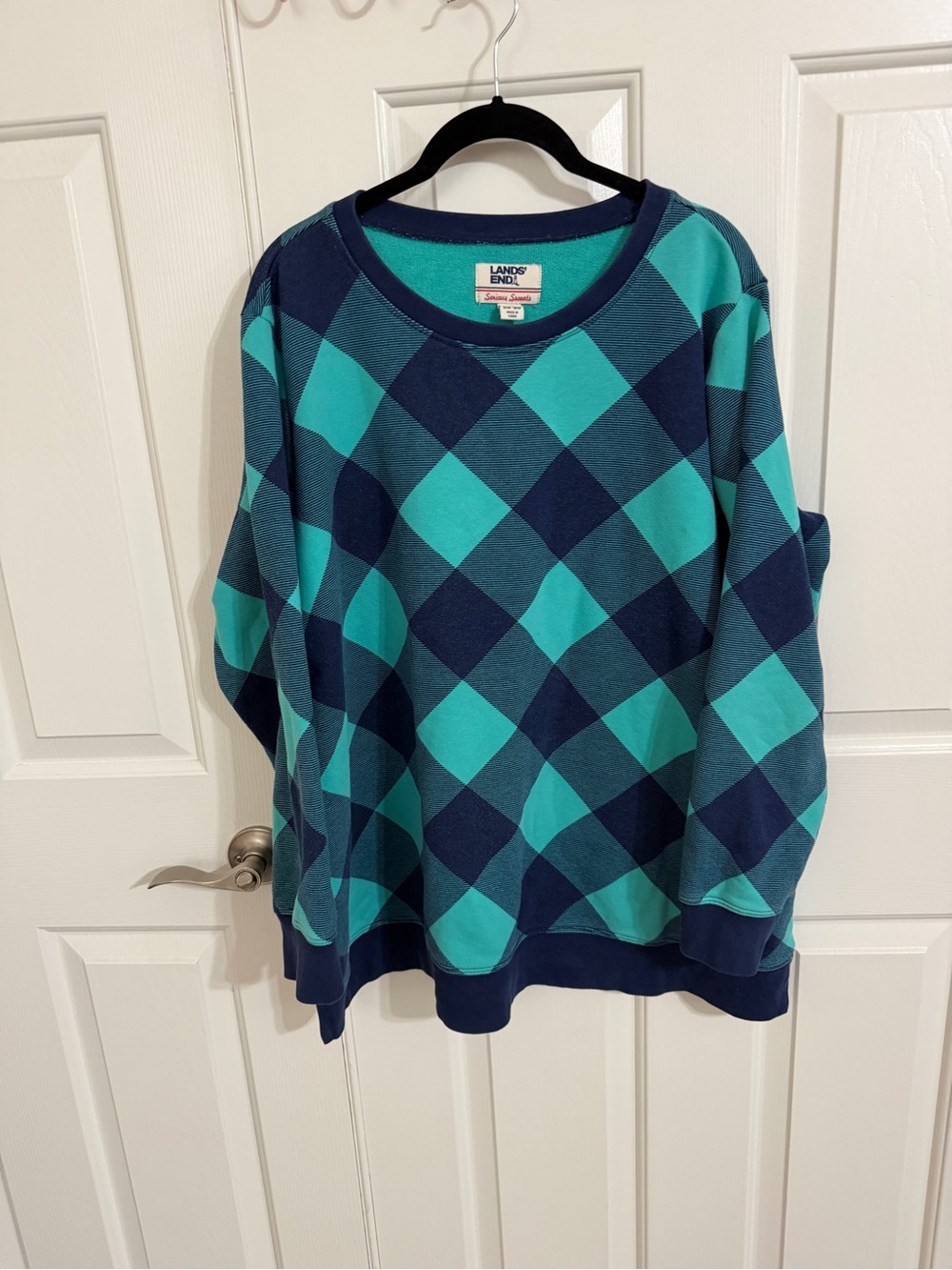 Lands’ End Serious Sweats 1X Teal Navy Buffalo Plaid Crewneck Sweatshirt